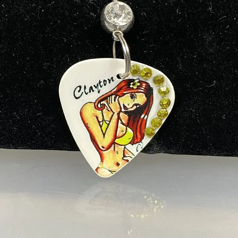 Handmade Pearlescent Redhead Pinup Girl Guitar Pick Belly Ring Rhinestone